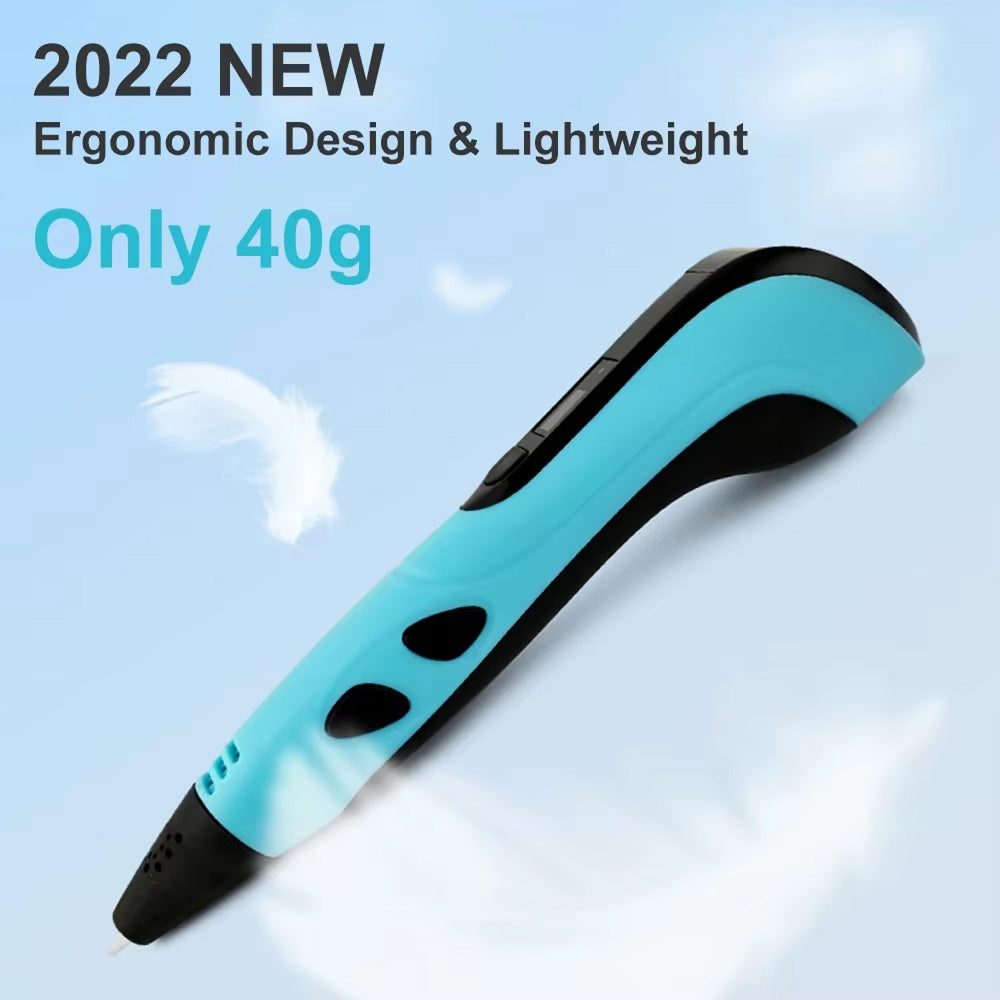 Blue and black PrinpyKid 3D Pen with text highlighting ergonomic design, lightweight, and weight of 40g on a light blue background.