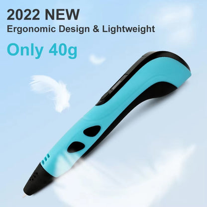 Blue and black PrinpyKid 3D Pen with text highlighting ergonomic design, lightweight, and weight of 40g on a light blue background.