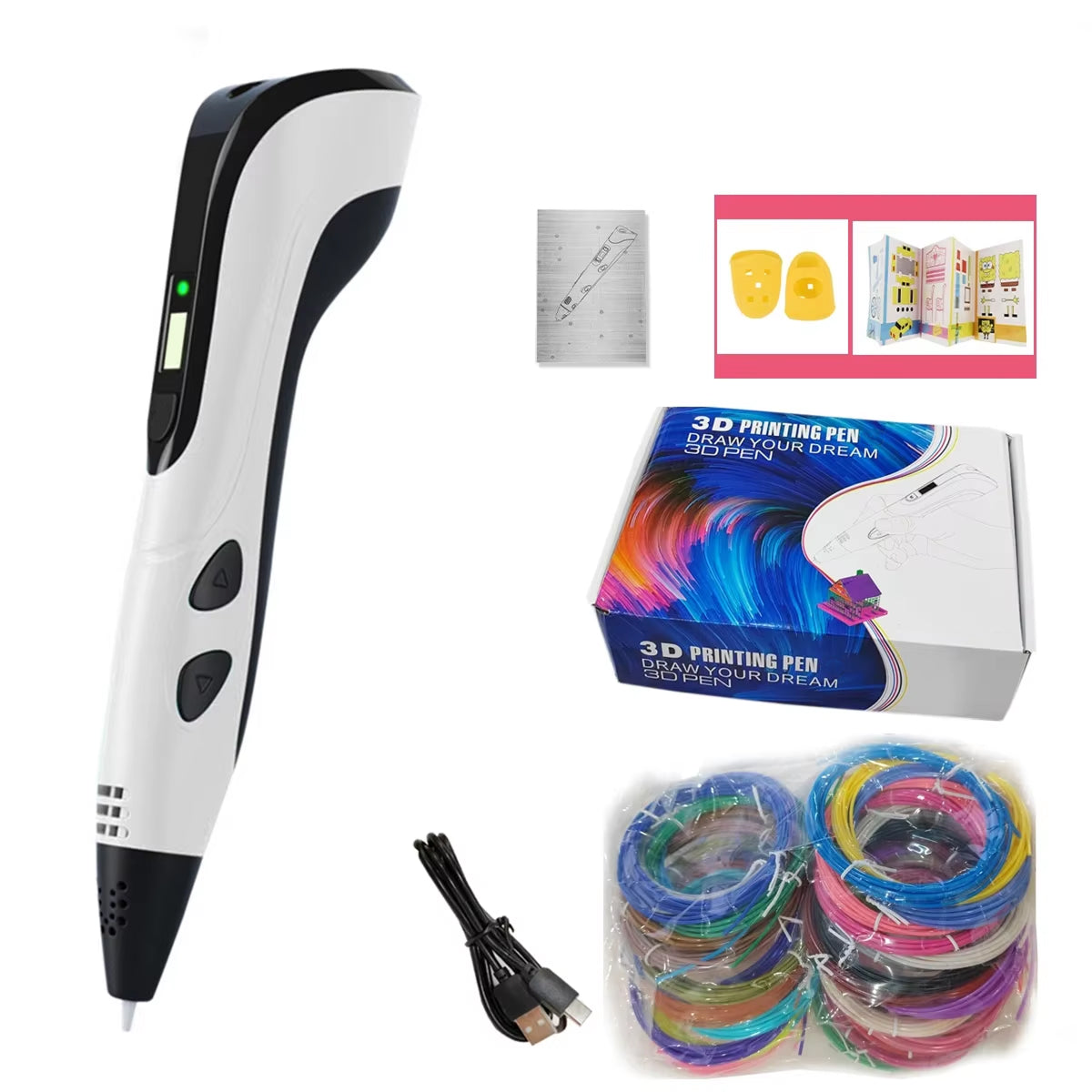 PrinpyKid 3D Pen with accessories including a box, cable, and spools of filament on a white background.
