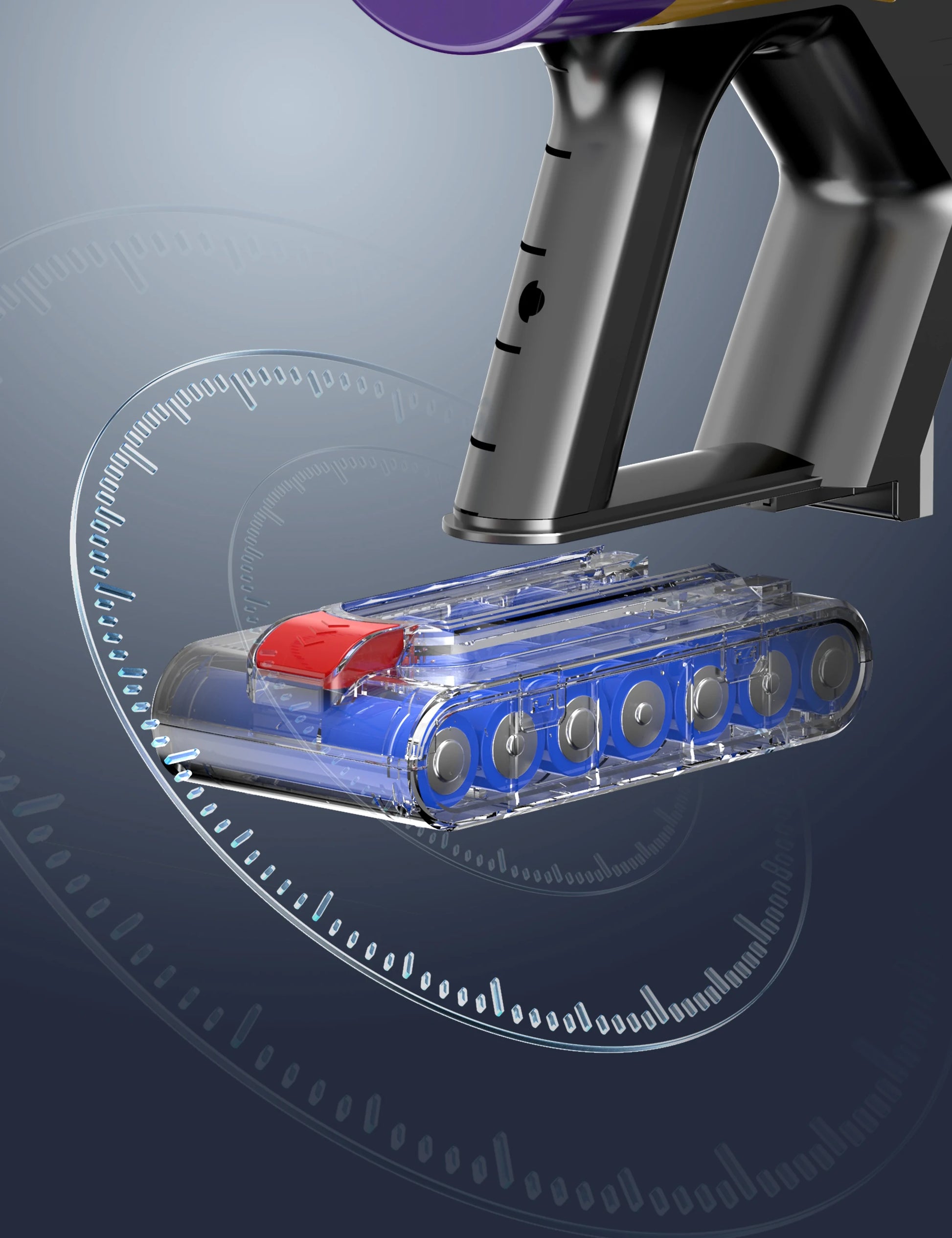 Close-up of a Purco V18 Vacuum Cleaner head with visible components on a gray background