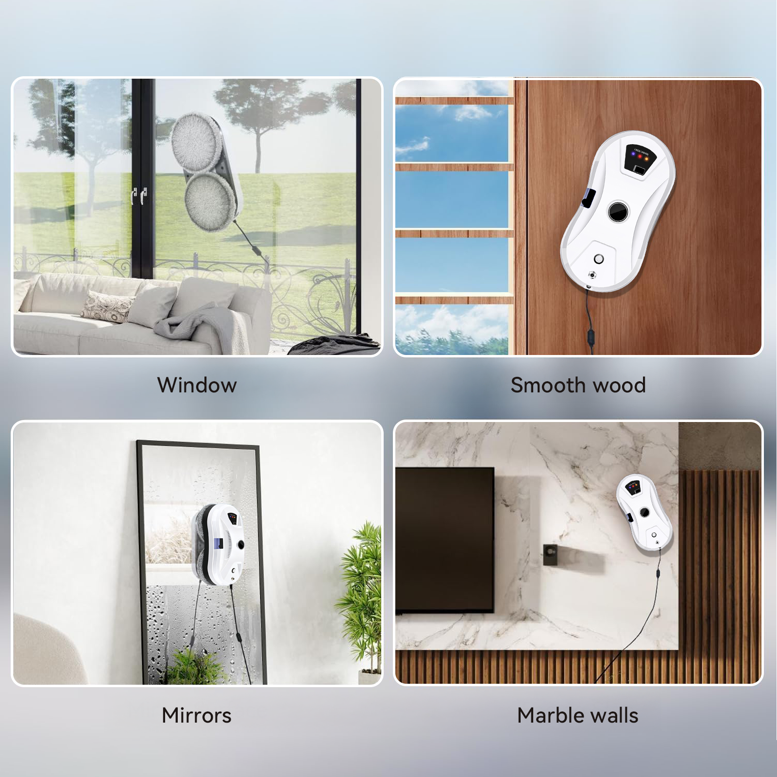Purco Window Cleaning Robot V3 demonstration on various surfaces including window, smooth wood, mirrors, and marble walls.