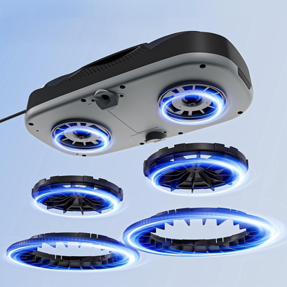 Ceiling-mounted fan with blue light on a clear blue background