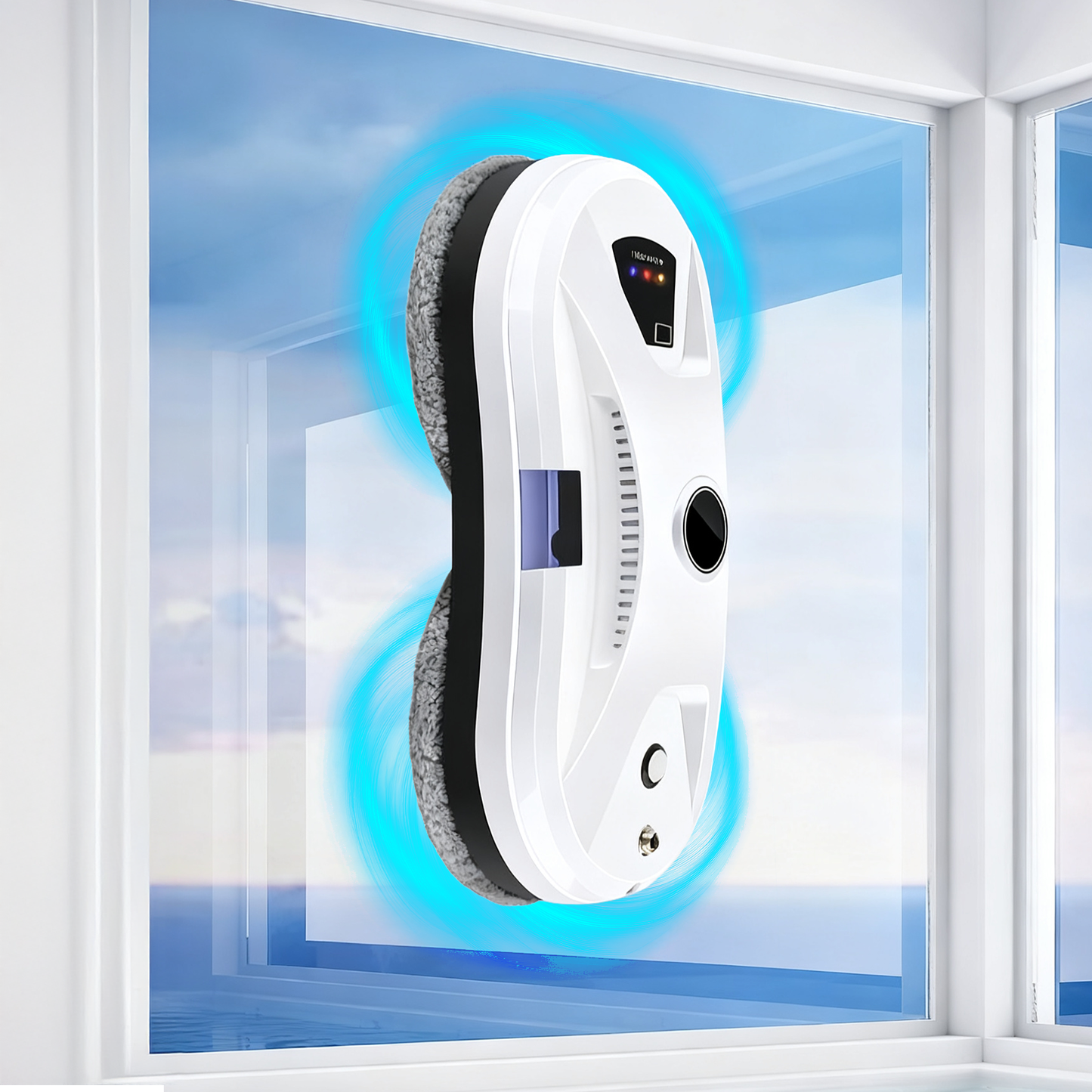 Purco Window Cleaning Robot V3 on a window with a blue light effect