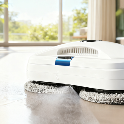 Purco Window Cleaning Robot V3 cleaning a floor in a bright room with large windows.