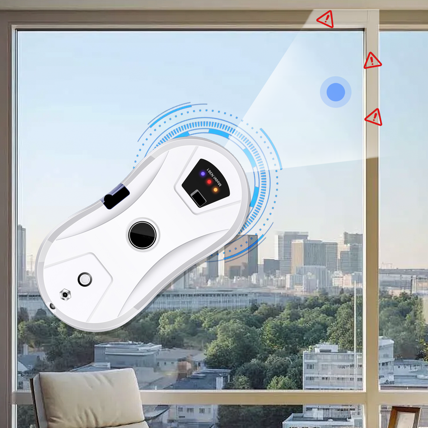 Purco Window Cleaning Robot V3 with a cityscape view through a window