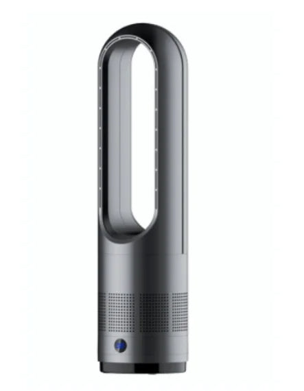 Gray and black Purethcare air purifier on a white background