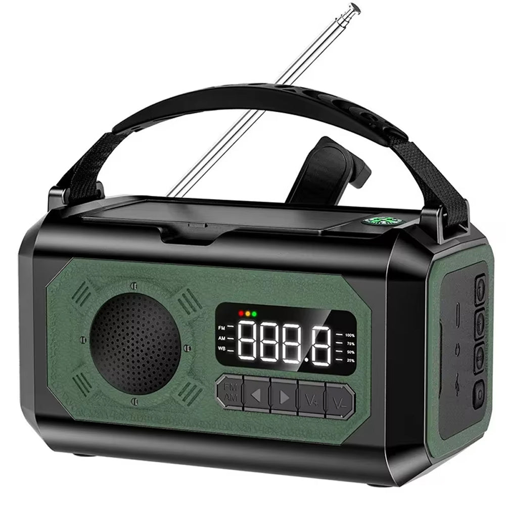 Green and black Radiflix Wind Up Radiowith digital display on a white background