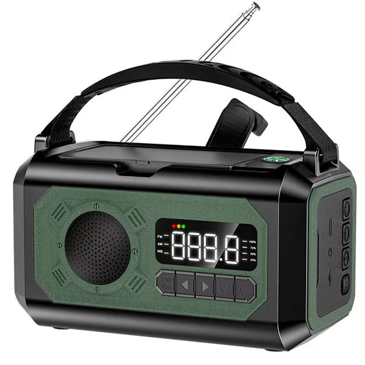 Green and black Radiflix Wind Up Radiowith digital display on a white background