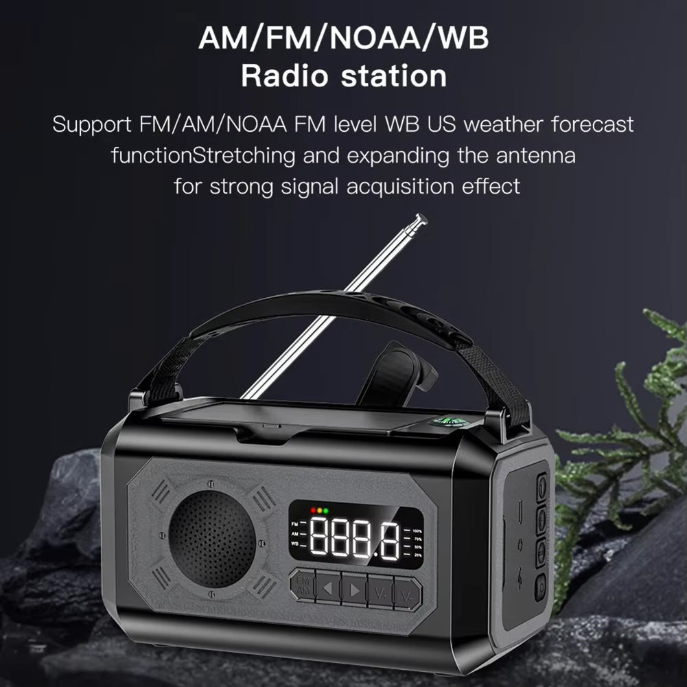 Black Radiflix Wind Up Radio with AM/FM/NOAA/WB capabilities on a dark background