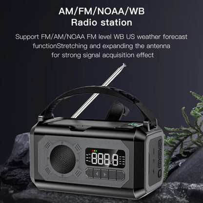 Black Radiflix Wind Up Radio with AM/FM/NOAA/WB capabilities on a dark background
