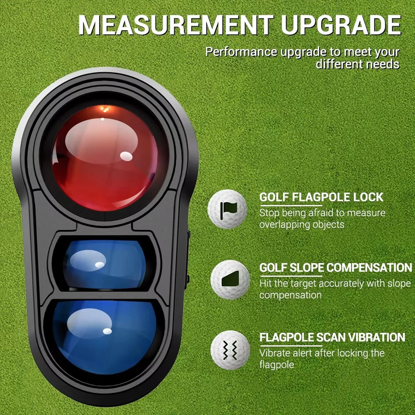 RangiMax Golf Rangefinder measurement device with red, blue, and clear lenses on a green background