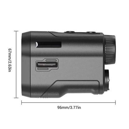 Black laser RangiMax Golf Rangefinder with dimensions indicated on a white background