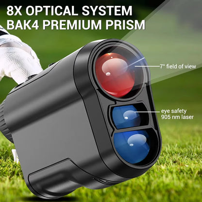 RangiMax Golf Rangefinder with 8x optical system and BAK4 premium prism on a grass background