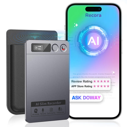 Recora KP70 AI Voice Recorder next to a smartphone displaying the Recora app with AI branding.
