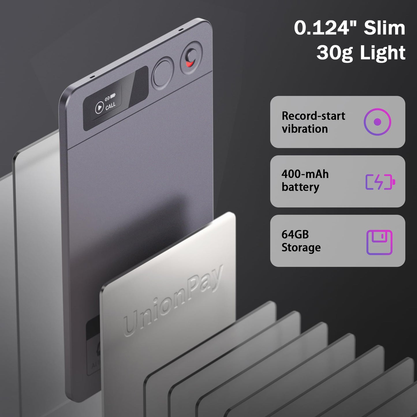 Thin and light Recora KP70 AI Voice Recorder with UnionPay branding on a dark background