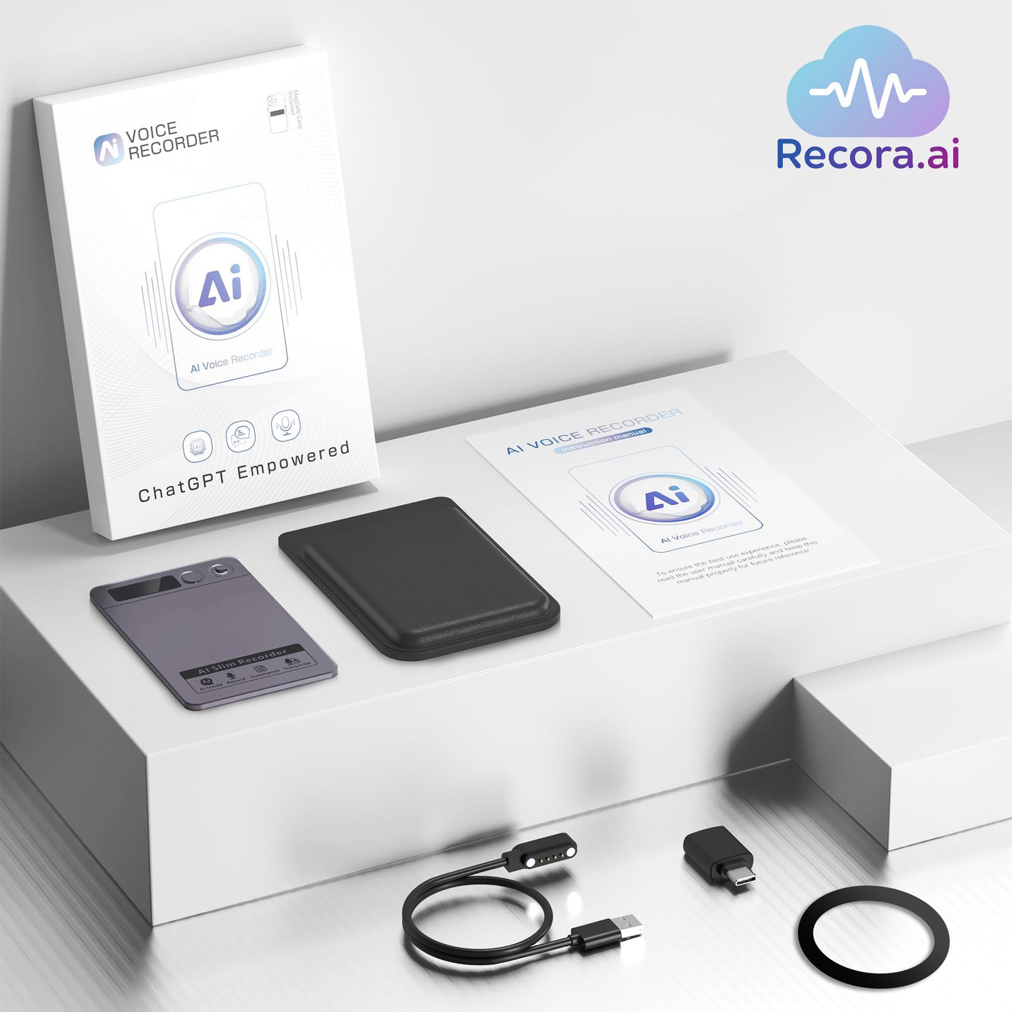 Recora KP70 AI Voice Recorder with packaging and accessories on a white surface, featuring Recora.ai branding.