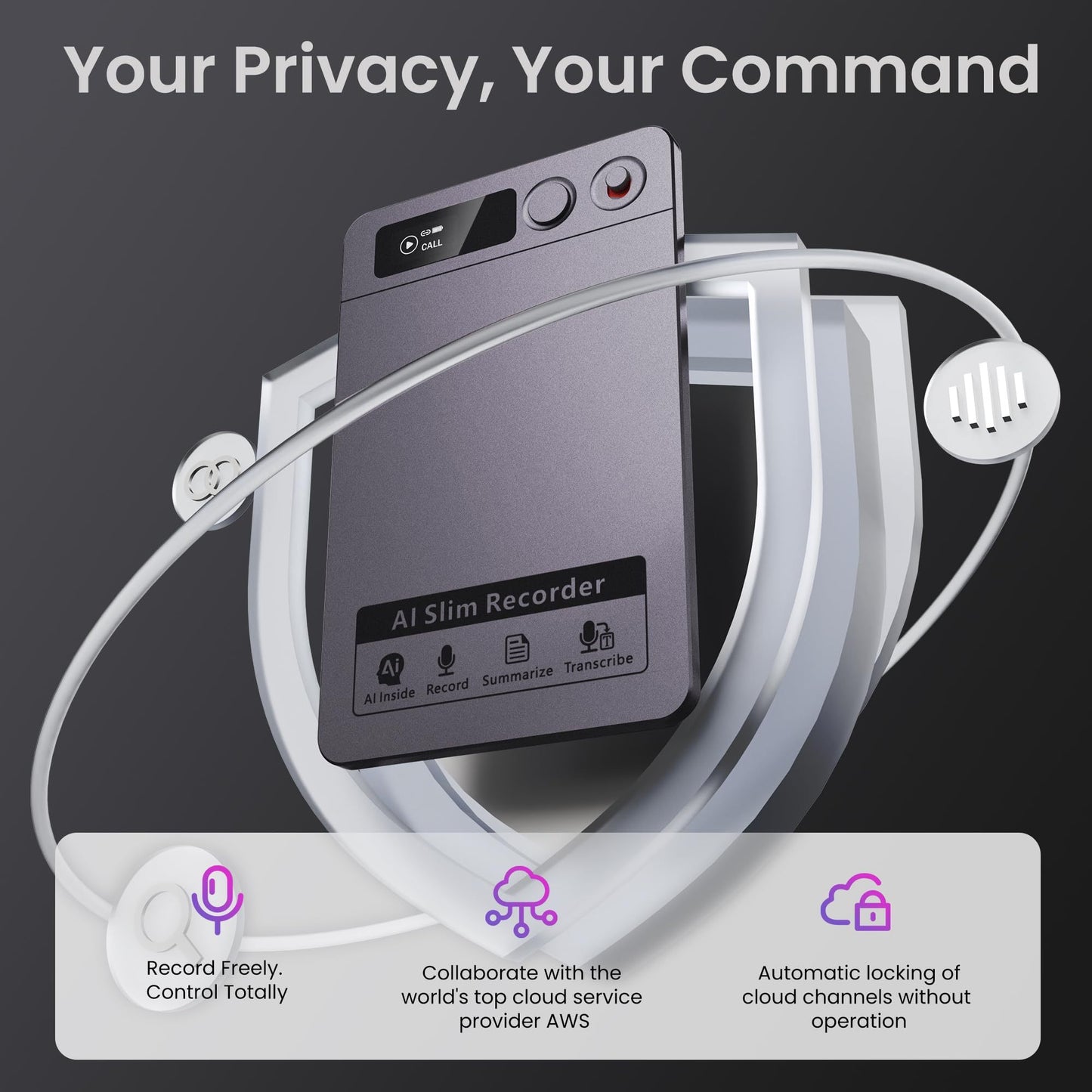 Recora KP70 AI Voice Recorder with features highlighted on a dark background