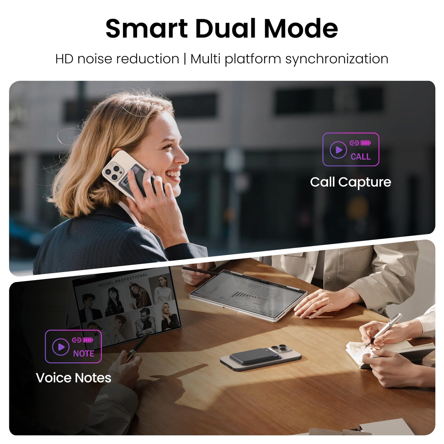 Smart dual mode Recora KP70 AI Voice Recorder with call capture and voice notes features, shown in use scenarios.
