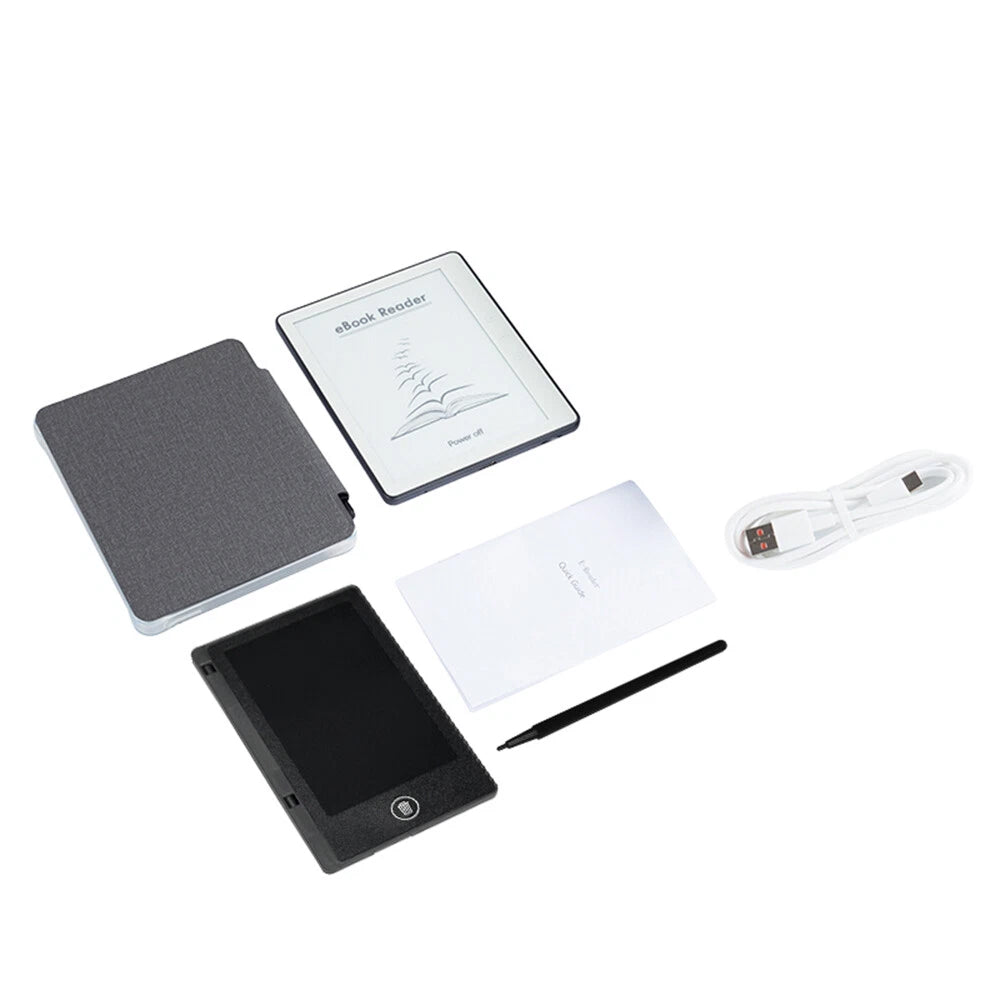 Collection of electronic devices including a tablet, RedyVent EBook Reader, stylus, and charging cable on a white background.