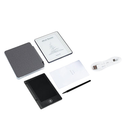Collection of electronic devices including a tablet, RedyVent EBook Reader, stylus, and charging cable on a white background.