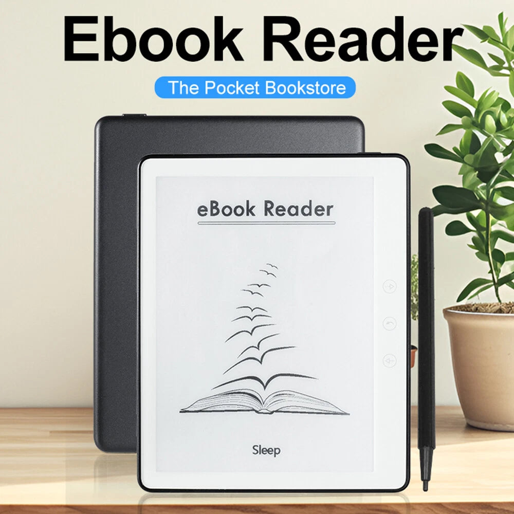 RedyVent EBook Reader on a wooden surface with a plant in the background, branded as 'The Pocket Bookstore'.
