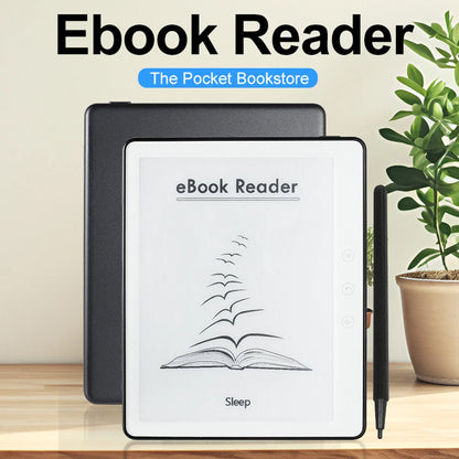 RedyVent EBook Reader on a wooden surface with a plant in the background, branded as 'The Pocket Bookstore'.