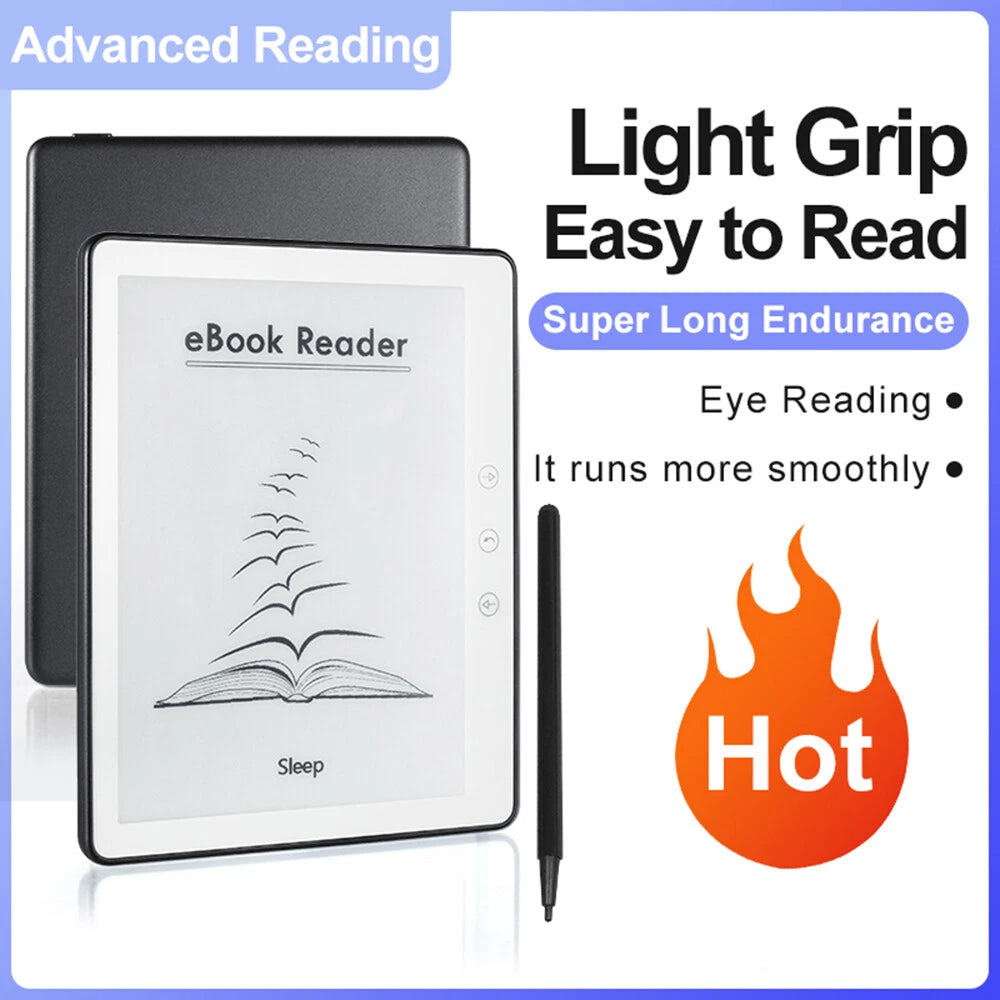 RedyVent EBook Reader with stylus on a blue background with text highlighting features