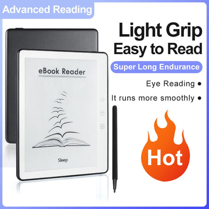 RedyVent EBook Reader with stylus on a blue background with text highlighting features