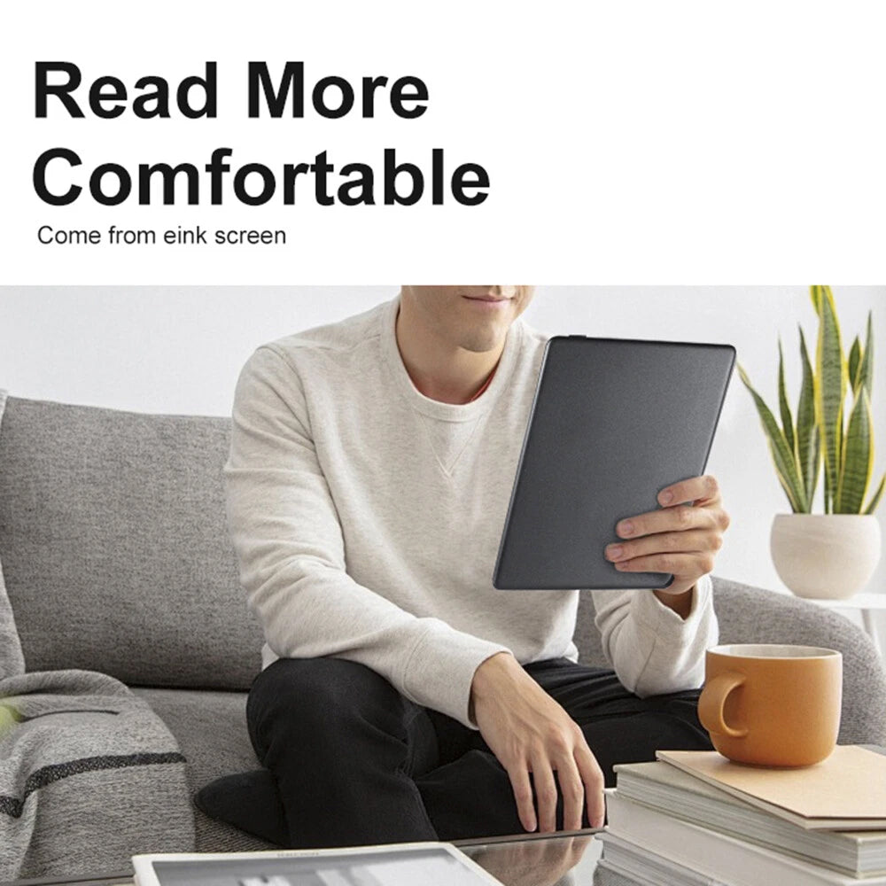 Person holding a tablet with text 'Read More Comfortable' and 'Come from e Ink screen' on a white background.