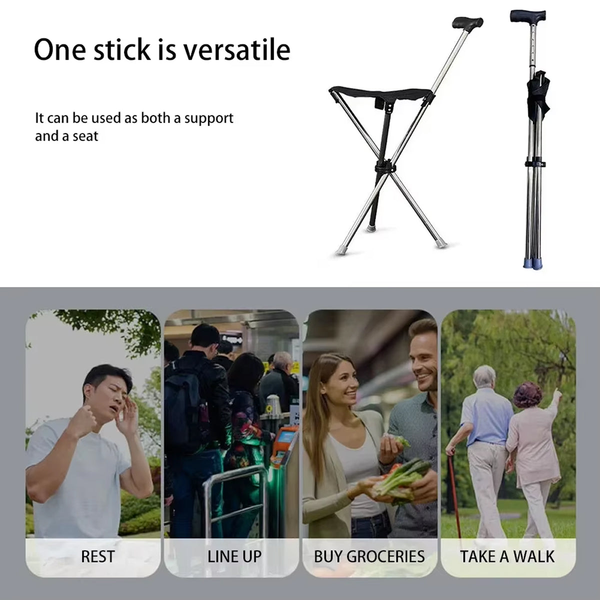 Versatile Restixi Walking Stick with images of its use in various scenarios on a white background.