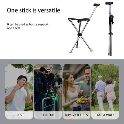 Versatile Restixi Walking Stick with images of its use in various scenarios on a white background.