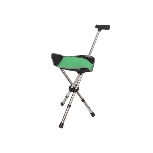 Green stool with a black Restixi Walking Stick on a white background
