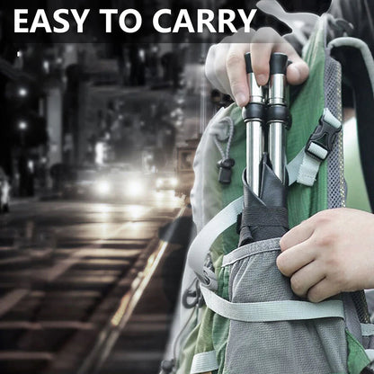 Person holding a green Restixi Walking Stick with a walking stick, set against an urban background.