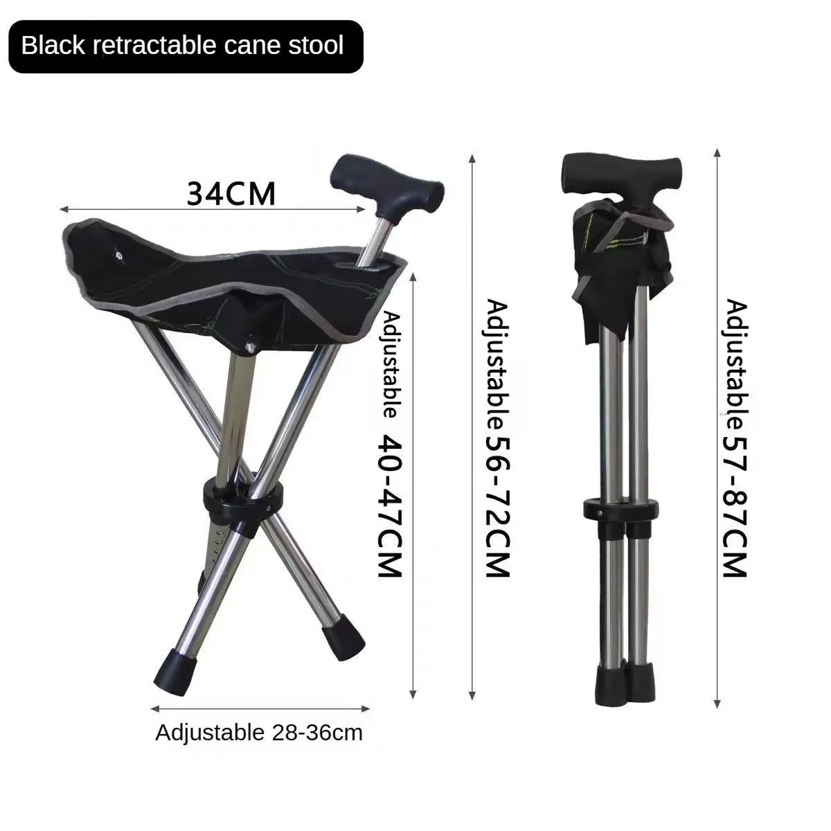 Black retractable Restixi Walking Stick with measurements on a white background