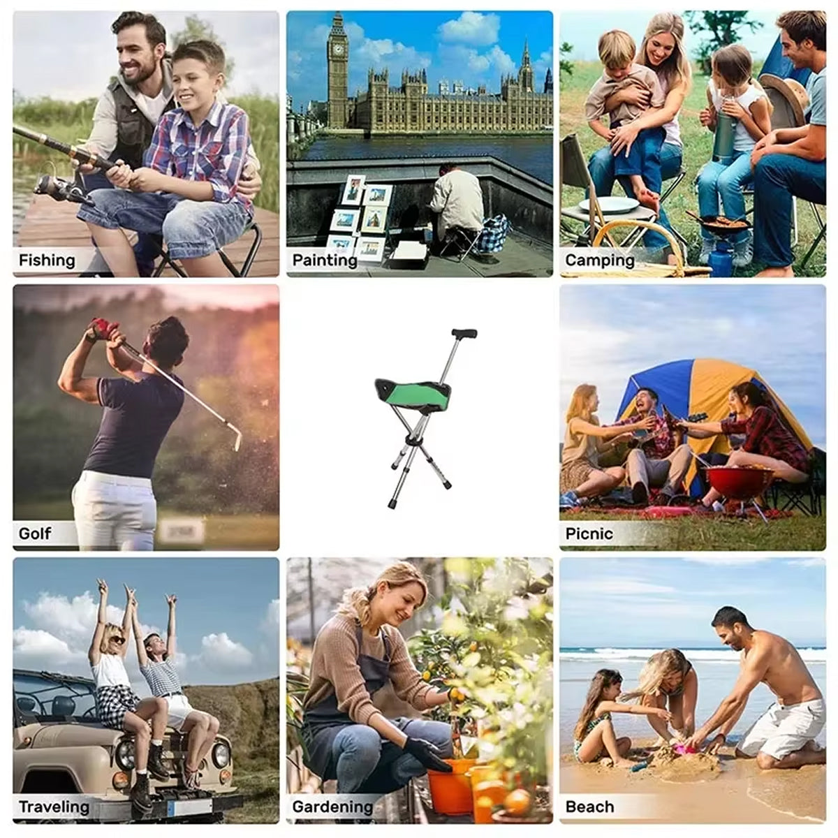 Collage of people using a portable chair in various activities including fishing, painting, camping, golf, picnic, traveling, gardening, and beach.