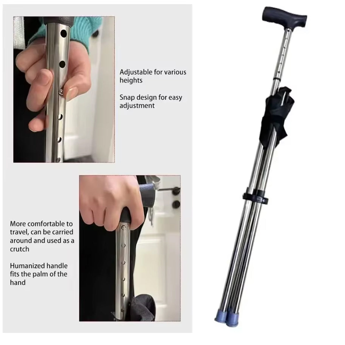 Collage of a adjustable Restixi Walking Stick with close-up shots of hand holding it.