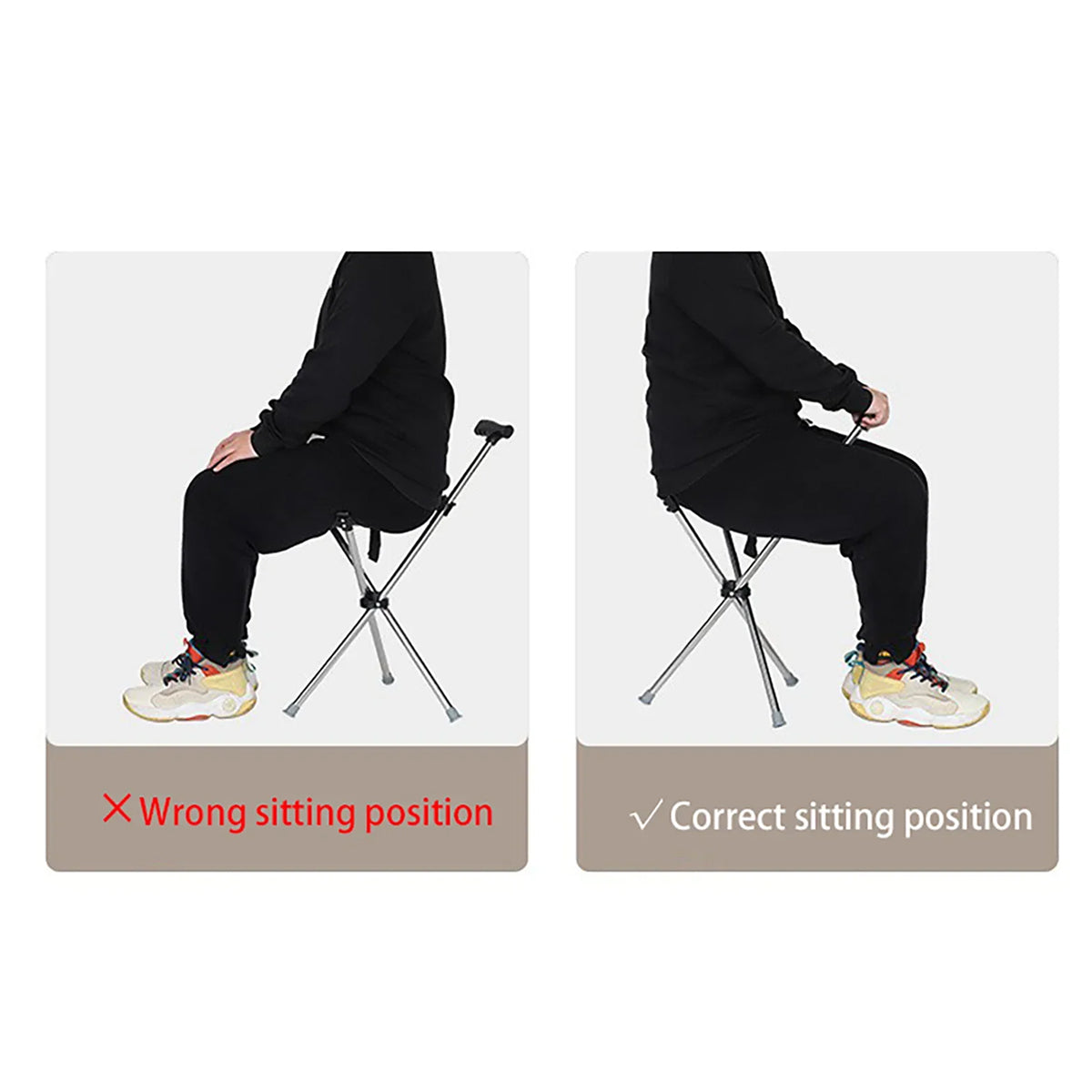 Comparison of wrong and correct sitting positions on a camping chair.