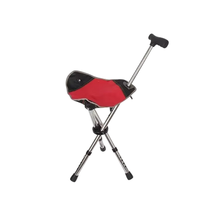 Red and black Restixi Walking Stick with a handle on a white background
