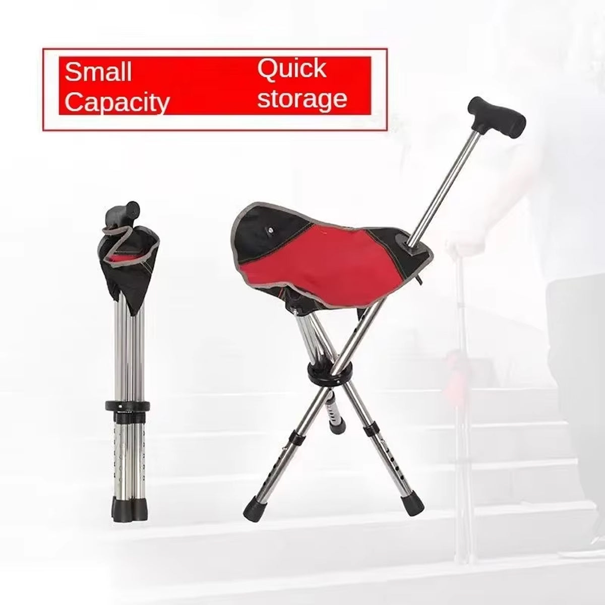 Red and black Restixi Walking Stick with legs extended on a white background