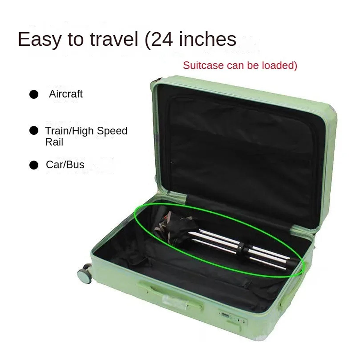 Green suitcase with open lid showing a black interior and a green strap, on a white background.