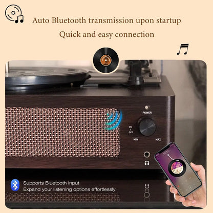 Turntable with RetroSiDy Record Player connectivity features and smartphone displaying music app.