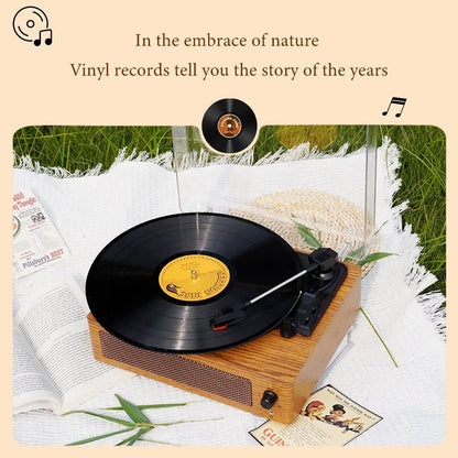 Vinyl record player with a vinyl record on a grassy background