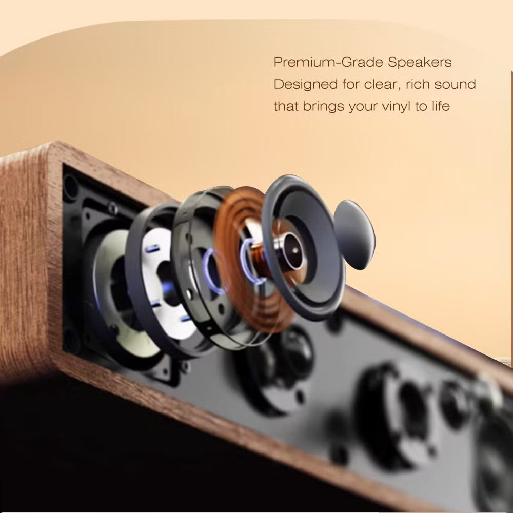 Close-up of premium-grade speakers with text on a beige background