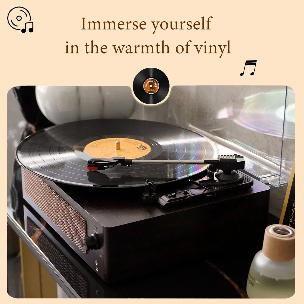 RetroSiDy Record Player with a vinyl record on a beige background with text 'Immerse yourself in the warmth of vinyl'.