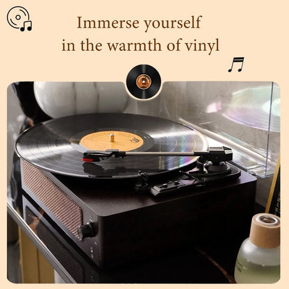 RetroSiDy Record Player with a vinyl record on a beige background with text 'Immerse yourself in the warmth of vinyl'.