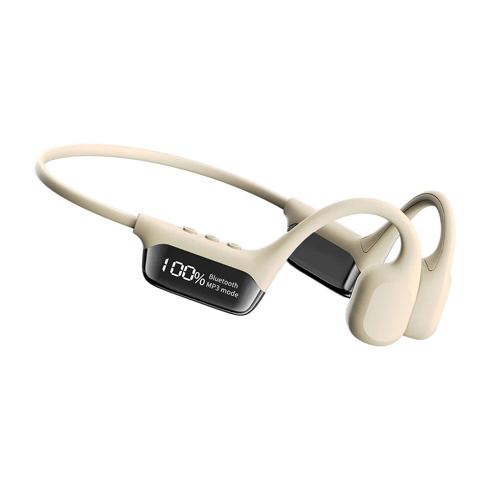 Beige Rivelia Bone Conduction Headphones with a digital display on a white background