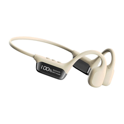 Beige Rivelia Bone Conduction Headphones with a digital display on a white background
