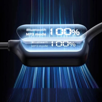 Digital display showing 'Bluetooth MP3 mode 100%' with a glowing blue effect on a dark background.