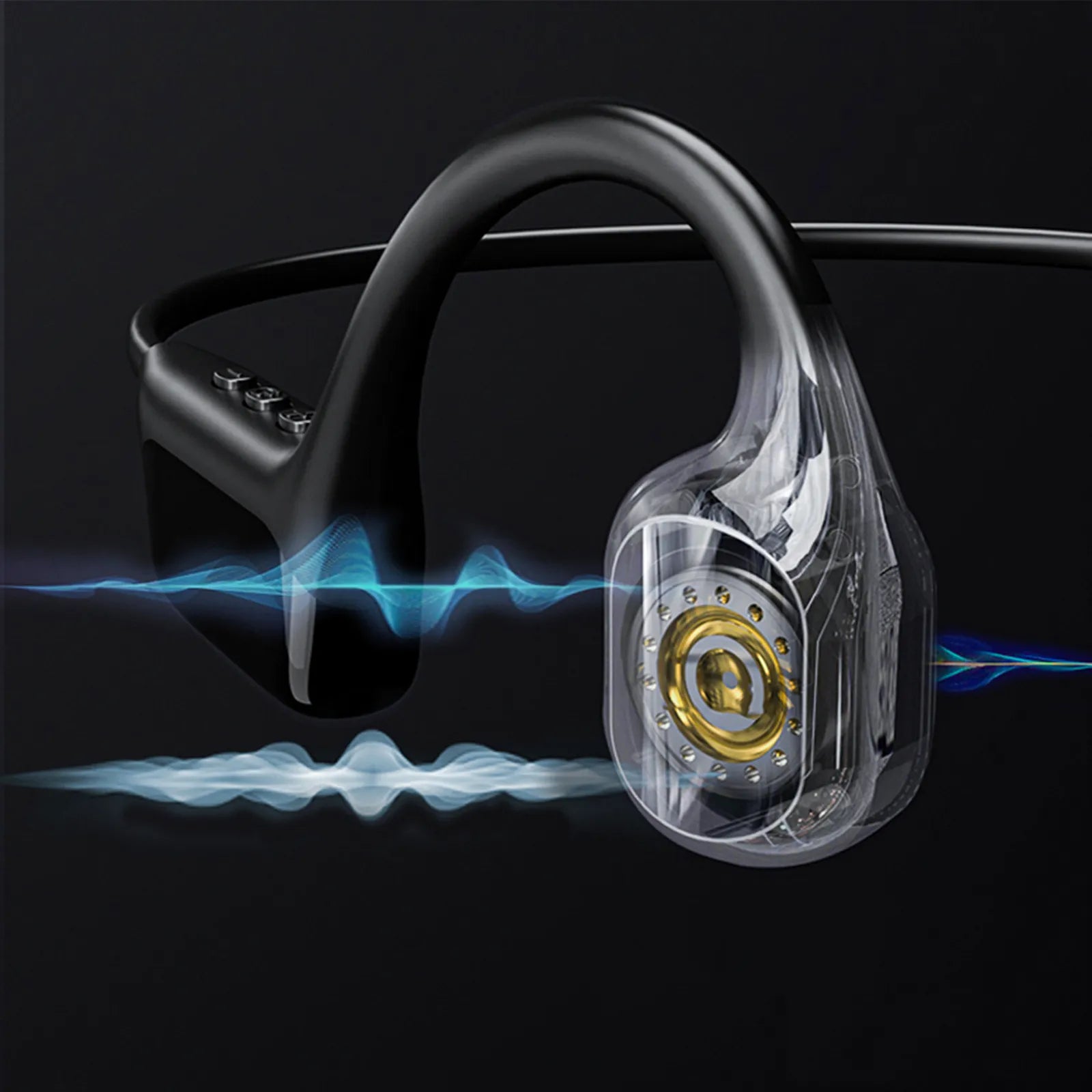 Black and clear Rivelia Bone Conduction Headphones with blue light effects on a black background