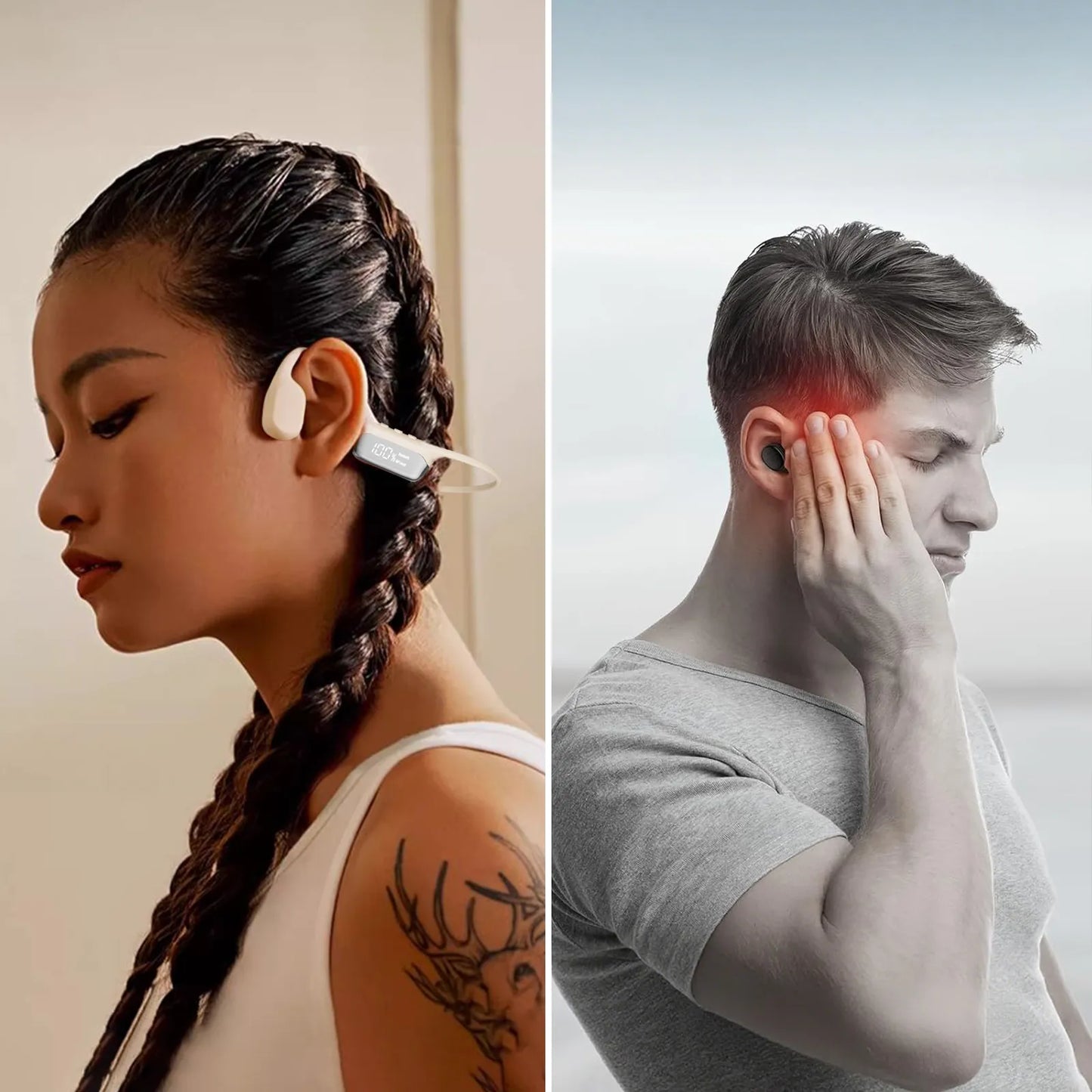 Two images side by side; one of a woman wearing a Rivelia Bone Conduction Headphones, the other of a man with a headache.